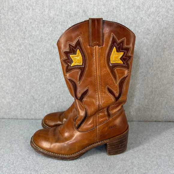 FRYE Sabrina Floral Inlay Campus Boots Brown Leather Western Womens Size 8B Vntg - Picture 5 of 16